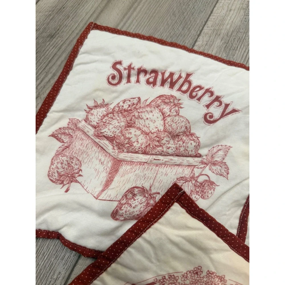 Vintage Set of 3 Quilted Fabric Coasters Red Toile Strawberry Cat Butterfly 8.5